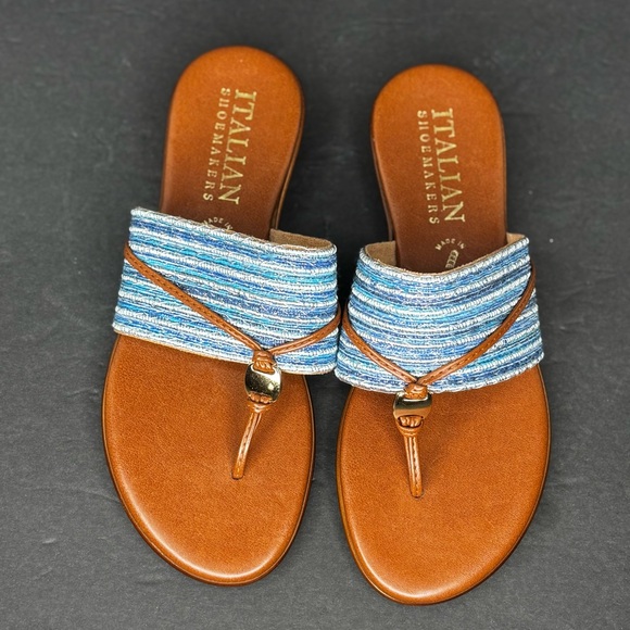 Italian Shoemakers Sandal US Size 8.5 Denim Style Blue & White Striped - Picture 2 of 6